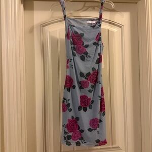 Good American One-Shoulder Light Blue Dress with Pink Rose Print